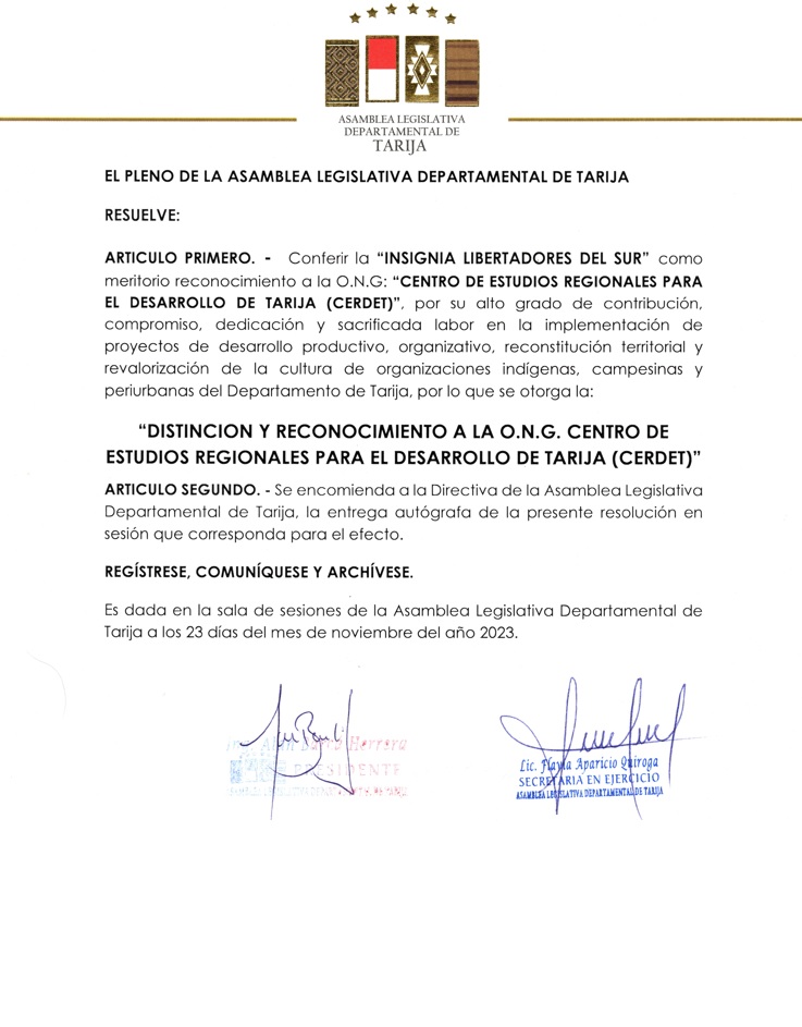 Reconocimiento al CERDET de la Asamblea Legislativa Departamental de Tarija